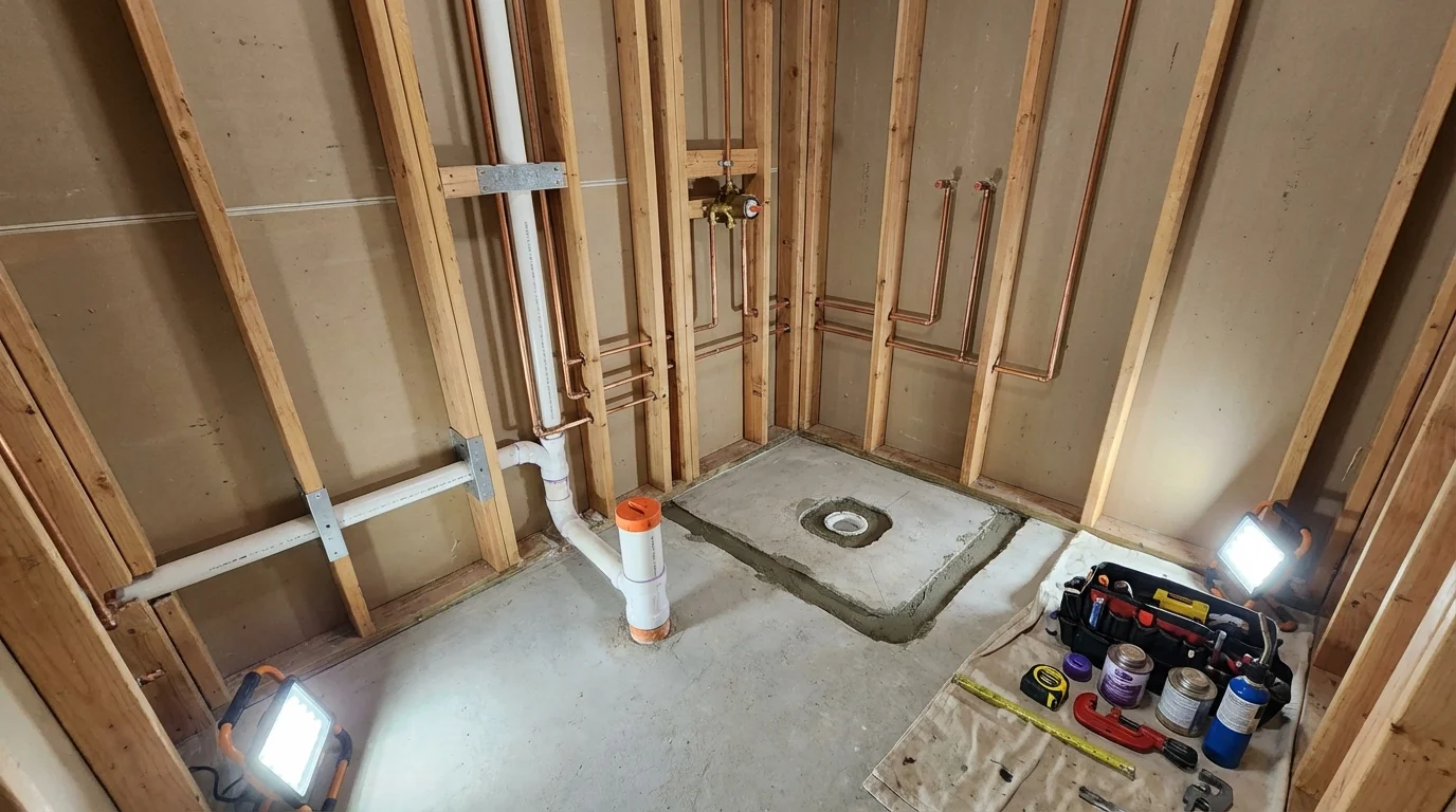 Bathroom rough-in plumbing during remodel by Johns Plumbing LLC in Hanahan