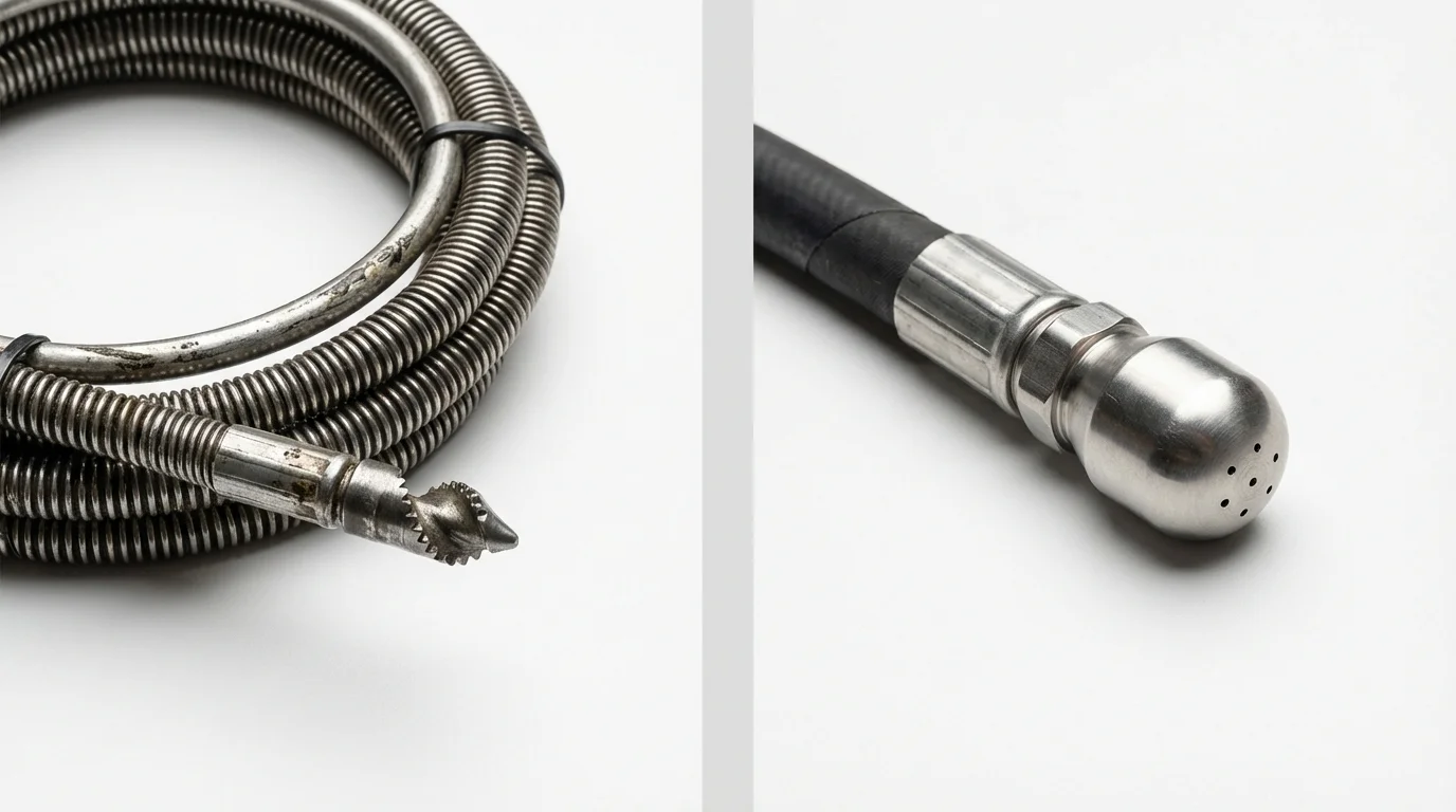 Drain snake cable and hydro jetting nozzle used for drain cleaning in Hanahan, SC