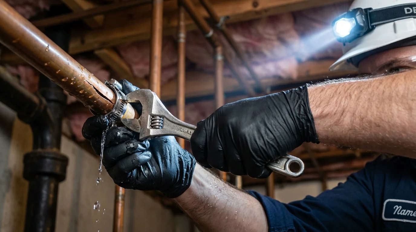 Emergency pipe clamp repair being performed by a Johns Plumbing LLC plumber in Hanahan