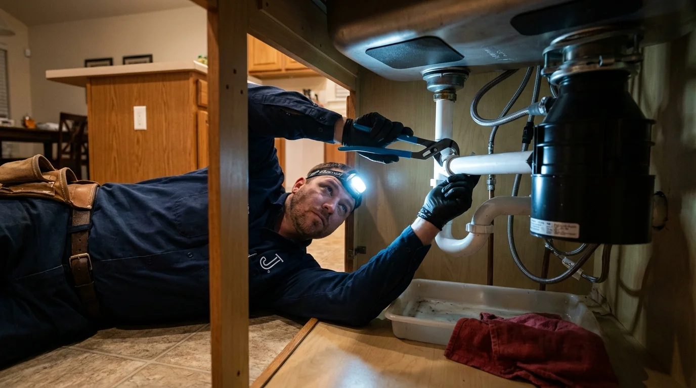 P-trap and supply line connections under a kitchen sink showing a common leak point in Hanahan, SC
